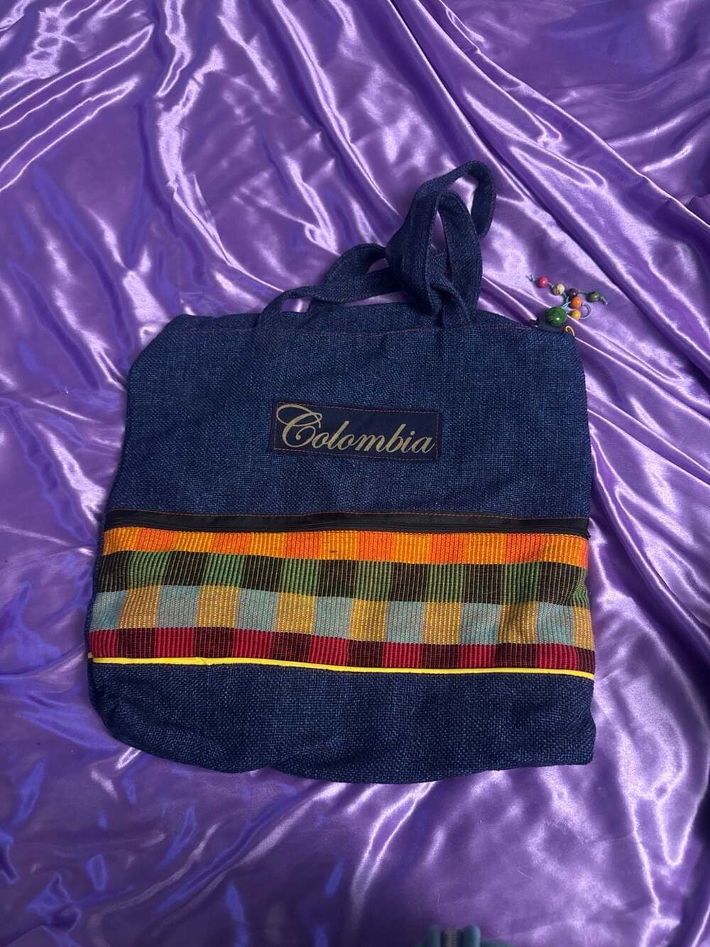 Colombian Embroidered Canvas Tote Bag with Multi-Color Woven Accent